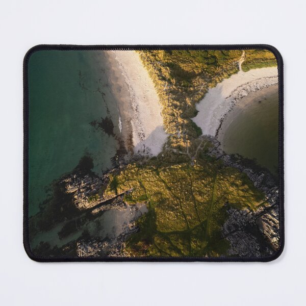 Item preview, An aerial view of Camusdarach Beach in the golden light of sunset designed and sold by RedGrouse.