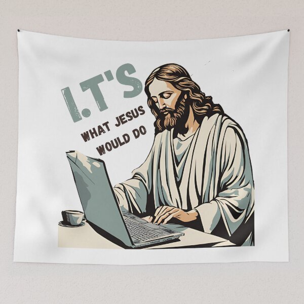 Item preview, I.Ts What Jesus Would Do – Humorous Jesus Working on Laptop Design designed and sold by Invisible-Cult.