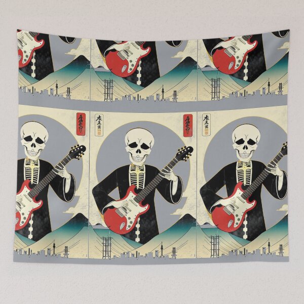 Item preview, Japanese Skeleton Guitarist Deadhead Mount Fuji Japan Skull Guitar designed and sold by AuroraXGreen.