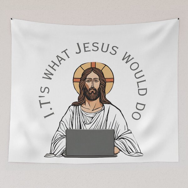 Item preview, I.Ts What Jesus Would Do – Humorous Jesus Working on Laptop Design designed and sold by Invisible-Cult.