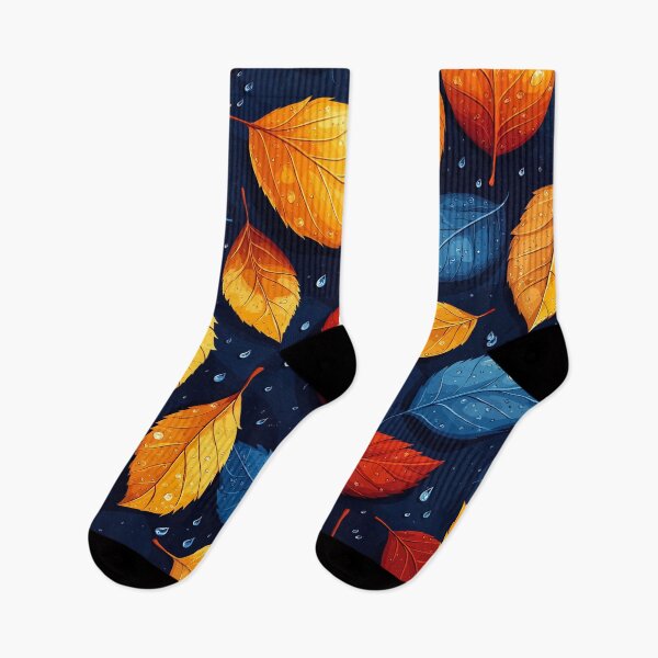 Item preview, a colorful and vibrant pattern Design of autumn leaves on a dark blue background.  designed and sold by HEMRO.
