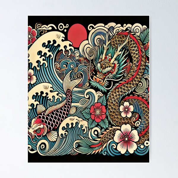 Item preview, Traditional Japanese Irezumi Tattoo Art - Dragon and Koi Design designed and sold by SakuraJapanArt.