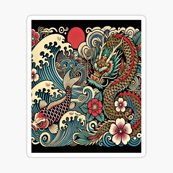 Item preview, Traditional Japanese Irezumi Tattoo Art - Dragon and Koi Design designed and sold by SakuraJapanArt.