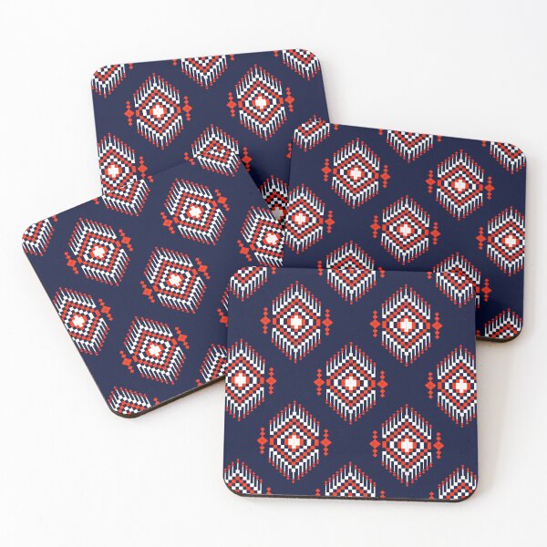 Item preview, a detailed pattern composed of pixel designs with orange and white square on dark blue background , design for fabric or various pattern printing works. designed and sold by WanwisaChuenlom.