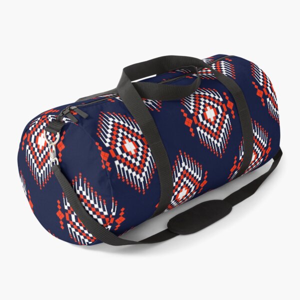 Item preview, a detailed pattern composed of pixel designs with orange and white square on dark blue background , design for fabric or various pattern printing works. designed and sold by WanwisaChuenlom.