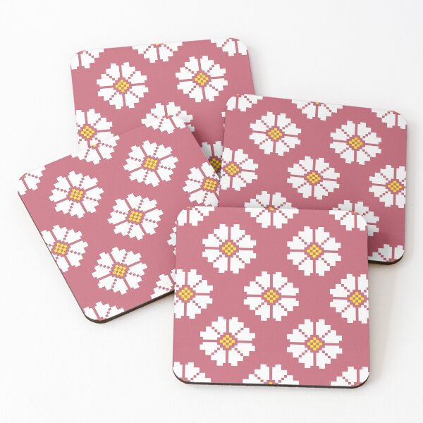 Item preview, a detailed pattern composed of pixel designs with white flowers square on pink background , design for fabric or various pattern printing works designed and sold by WanwisaChuenlom.