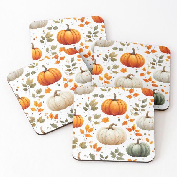 Item preview, A vibrant and autumnal pattern Design featuring pumpkins, leaves, and dots on a white background.  designed and sold by HEMRO.