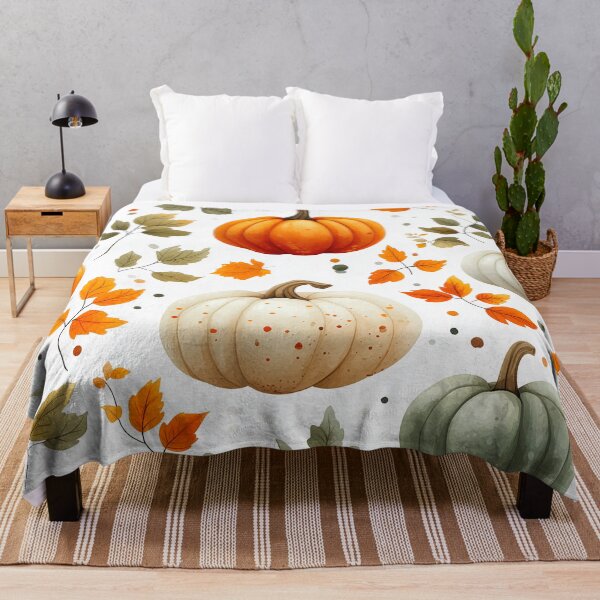 Item preview, A vibrant and autumnal pattern Design featuring pumpkins, leaves, and dots on a white background. designed and sold by HEMRO.