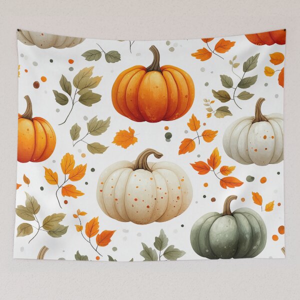 Item preview, A vibrant and autumnal pattern Design featuring pumpkins, leaves, and dots on a white background.  designed and sold by HEMRO.