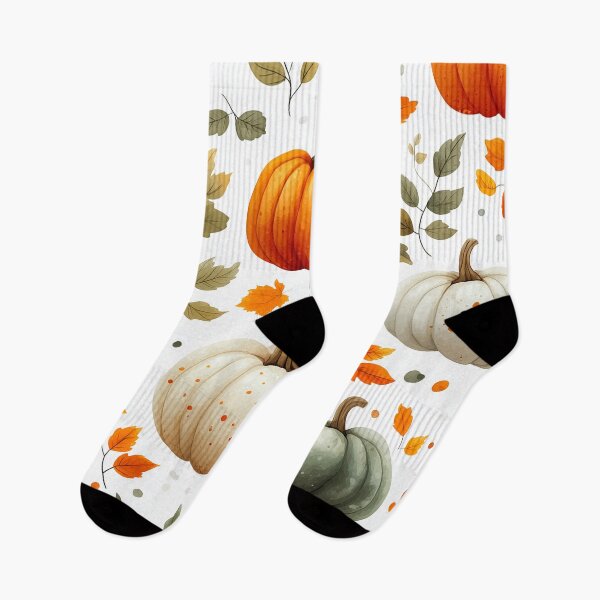 Item preview, A vibrant and autumnal pattern Design featuring pumpkins, leaves, and dots on a white background.  designed and sold by HEMRO.