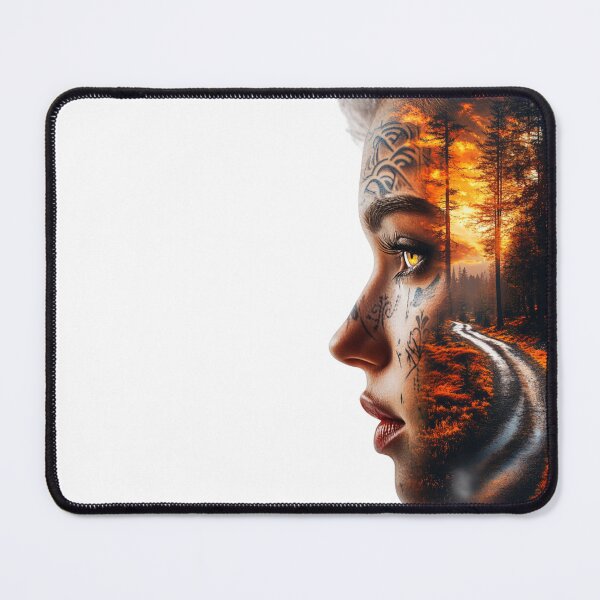 Item preview, Enigmatic Beauty in Nature: Double Exposure Art with Vibrant Tattoos & Cinematic Landscape designed and sold by MythSpire.