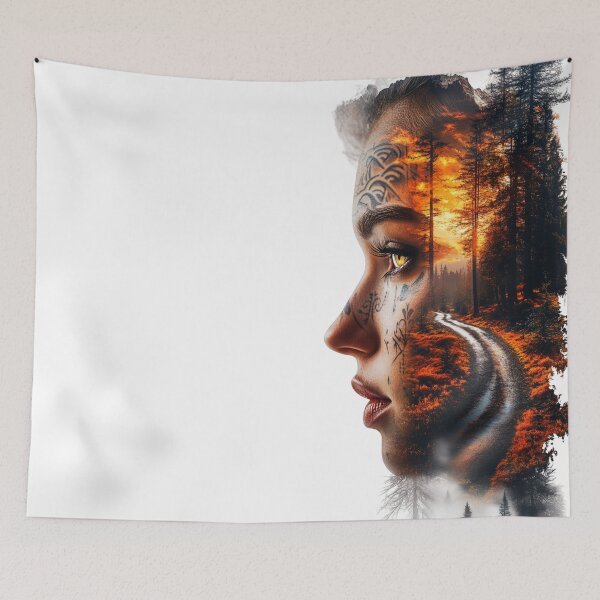 Item preview, Enigmatic Beauty in Nature: Double Exposure Art with Vibrant Tattoos & Cinematic Landscape designed and sold by MythSpire.