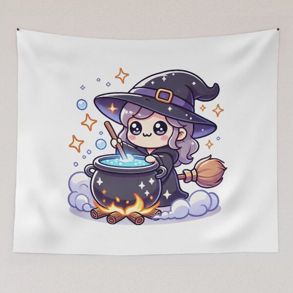 Item preview, Kawaii Witch Stirring Cauldron Cute Halloween Magic designed and sold by Pattamo1.