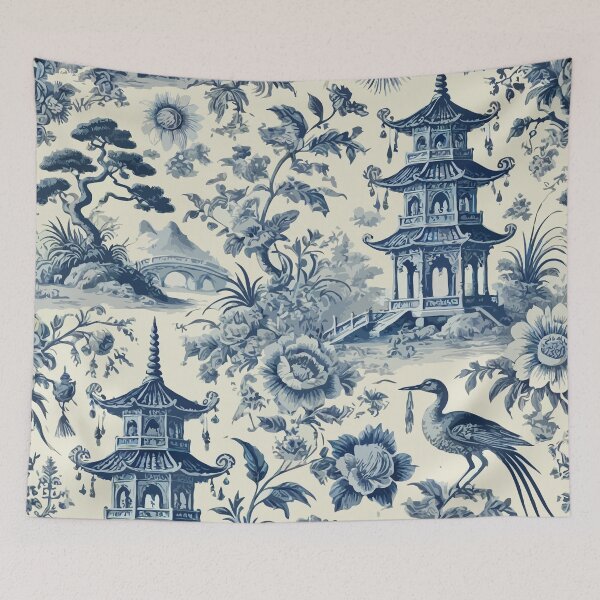 Item preview, Blue and White Vintage Chinoiserie Toile designed and sold by BioscorDesigns.