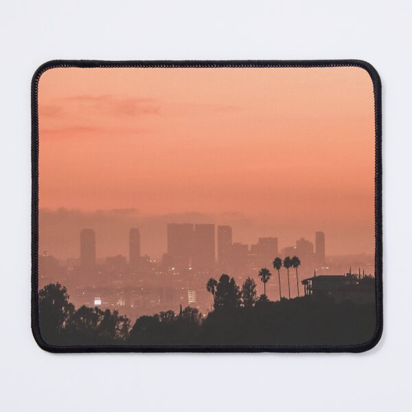 Item preview, Los Angeles, USA I Sunset over Los Angeles skyline with its vibrant orange aesthetic and palm trees, downtown, villas silhouette panorama view from Hollywood Hill mountains and Griffith Observatory designed and sold by Julie Travel Photography.