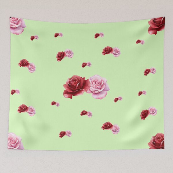 Item preview, sage green background with red and cream roses designed and sold by 2-Of-A-Kind.