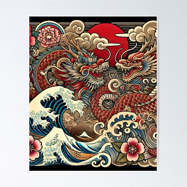 Item preview, Traditional Japanese Irezumi Tattoo Design - Dragons & Waves designed and sold by SakuraJapanArt.