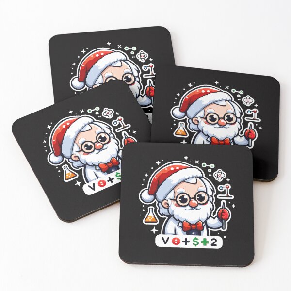 Item preview, A festive cartoon character in a Santa hat and lab coat, holding a flask and atomic model, surrounded by scientific symbols and math formulas, blending holiday cheer with science. designed and sold by ArteeInnovation.