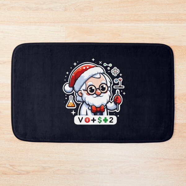 Item preview, A festive cartoon character in a Santa hat and lab coat, holding a flask and atomic model, surrounded by scientific symbols and math formulas, blending holiday cheer with science. designed and sold by ArteeInnovation.