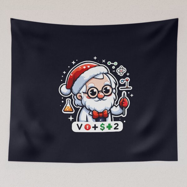 Item preview, A festive cartoon character in a Santa hat and lab coat, holding a flask and atomic model, surrounded by scientific symbols and math formulas, blending holiday cheer with science. designed and sold by ArteeInnovation.