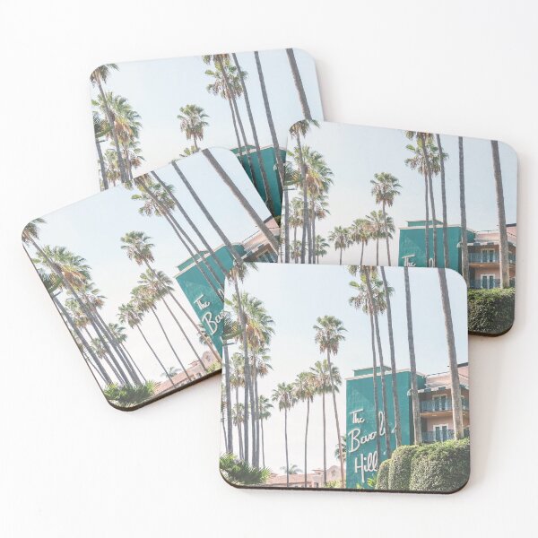 Item preview, Los Angeles, USA I Green midcentury architecture of Beverly Hills Hotel under LA sun and palm trees with retro vintage summer pastel aesthetic of a film camera just like in the 1960s Hollywood movies designed and sold by Julie Travel Photography.