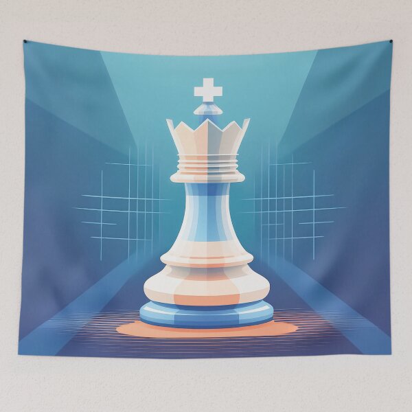 Item preview, A design of a white chess queen standing prominently in the center, against a dark blue background with a grid pattern in the distance. designed and sold by HEMRO.