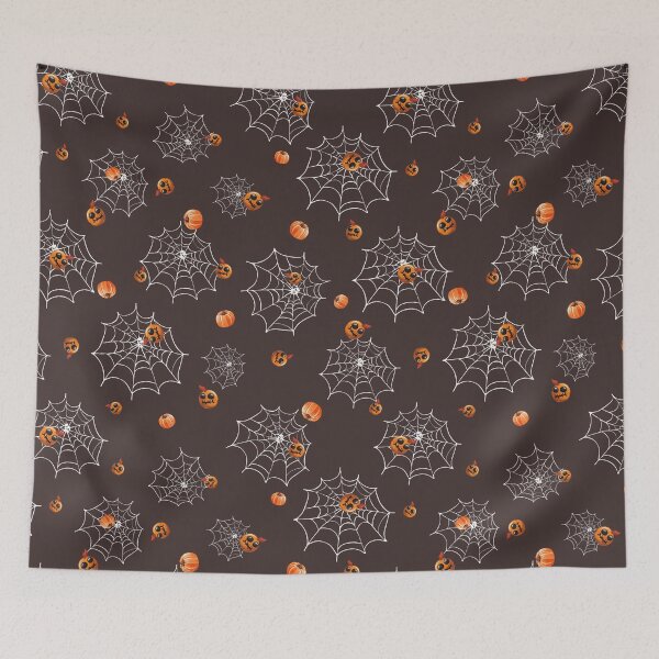 Item preview, Seamless pattern with white spider web, cute pumpkins and little freak heads designed and sold by natalidesign.