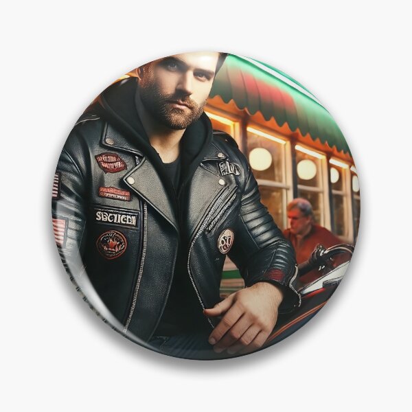 Item preview, Biker in Leather Jacket Outside Neon-Lit Diner designed and sold by RabbitDesign777.