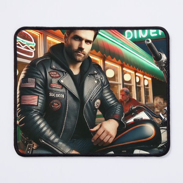 Item preview, Biker in Leather Jacket Outside Neon-Lit Diner designed and sold by RabbitDesign777.