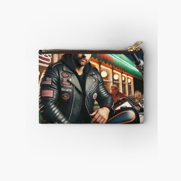 Item preview, Biker in Leather Jacket Outside Neon-Lit Diner designed and sold by RabbitDesign777.