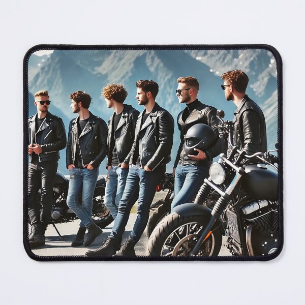 Item preview, Biker Crew in Leather Jackets with Mountain Backdrop designed and sold by RabbitDesign777.
