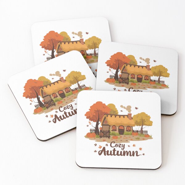 Item preview, Cozy Autumn Cottage – Warm Fall Scene with Pumpkins and Falling Leaves designed and sold by pnidesign.