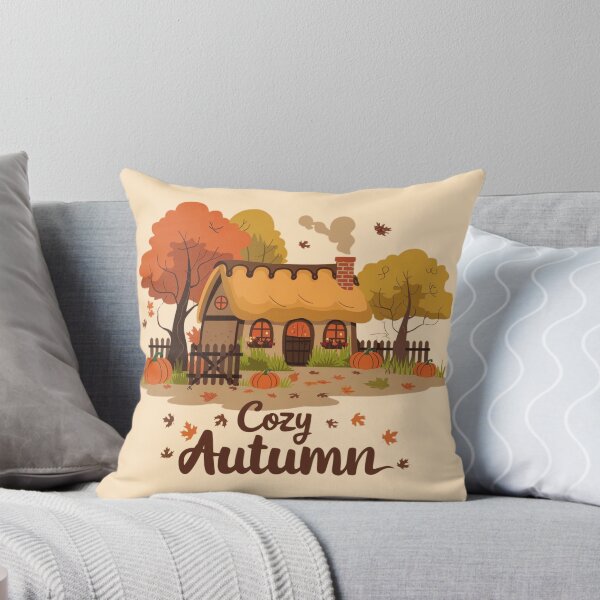 Item preview, Cozy Autumn Cottage – Warm Fall Scene with Pumpkins and Falling Leaves designed and sold by pnidesign.