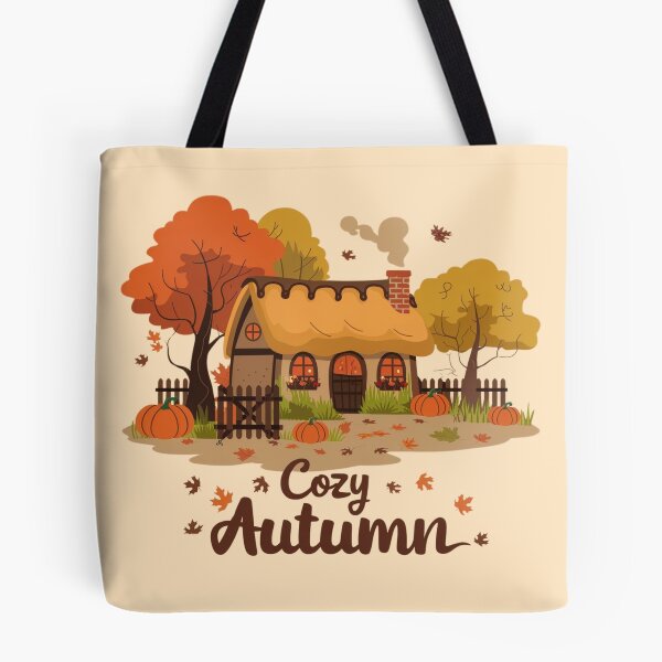 Item preview, Cozy Autumn Cottage – Warm Fall Scene with Pumpkins and Falling Leaves designed and sold by pnidesign.