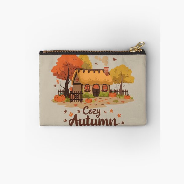 Item preview, Cozy Autumn Cottage – Warm Fall Scene with Pumpkins and Falling Leaves designed and sold by pnidesign.