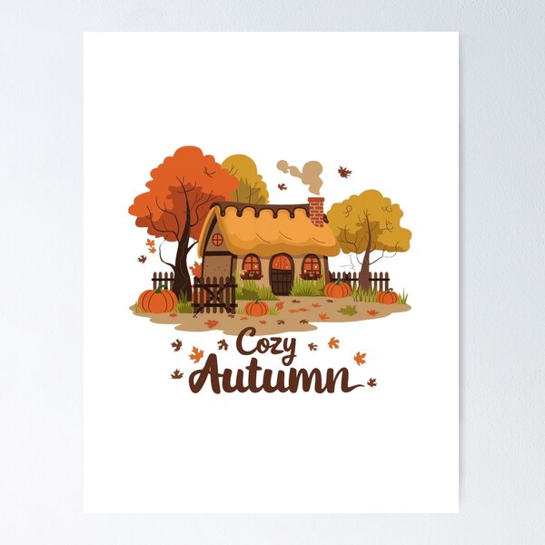 Item preview, Cozy Autumn Cottage – Warm Fall Scene with Pumpkins and Falling Leaves designed and sold by pnidesign.