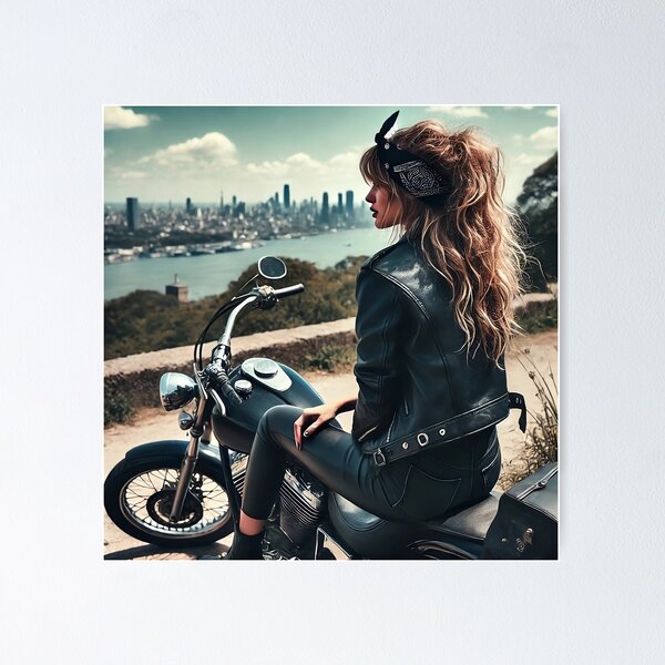 Item preview, Biker Woman Overlooking Cityscape designed and sold by RabbitDesign777.