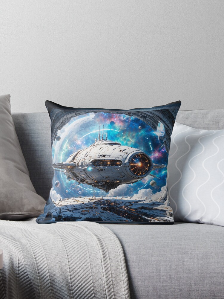 The Spacecraft Cripisin Docked at Heritan Station Breathtaking AI Concept Art by Xzendor7 Decorative Art Print Throw Pillow