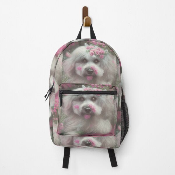 Item preview, White fluffy dog with pink roses designed and sold by Jennifer Morcom.