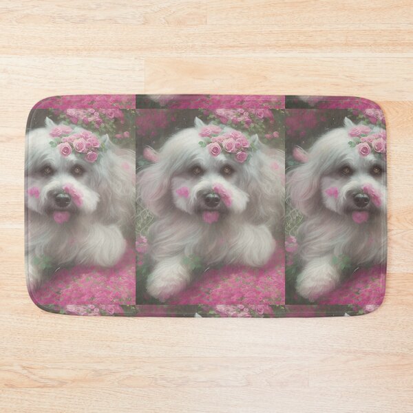 Item preview, White fluffy dog with pink roses designed and sold by Jennifer Morcom.