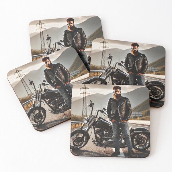 Item preview, Bearded Biker with Custom Motorcycle on Mountain Road designed and sold by RabbitDesign777.