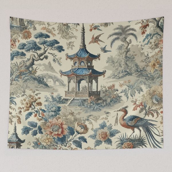 Item preview, Vintage Floral Chinoiserie Toile designed and sold by BioscorDesigns.