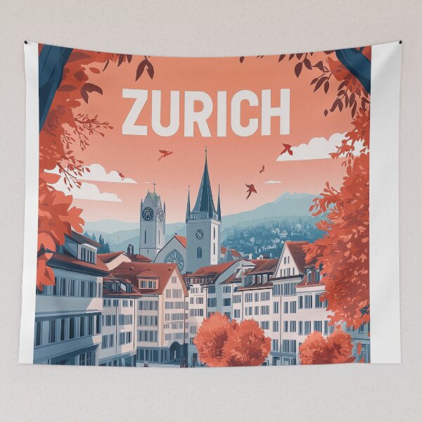 Item preview, Vintage Zurich City Skyline Art Print | Retro Swiss Travel Poster | Iconic Lake Zurich & Grossmünster Wall Decor | Zurich City Artwork | Mid-Century Modern Design designed and sold by nomiraclehere.