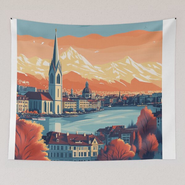 Item preview, Vintage Zurich City Skyline Art Print | Retro Swiss Travel Poster | Iconic Lake Zurich & Grossmünster Wall Decor | Zurich City Artwork | Mid-Century Modern Design designed and sold by nomiraclehere.