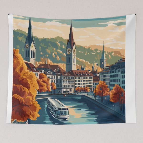 Item preview, Vintage Zurich City Skyline Art Print | Retro Swiss Travel Poster | Iconic Lake Zurich & Grossmünster Wall Decor | Zurich City Artwork | Mid-Century Modern Design designed and sold by nomiraclehere.