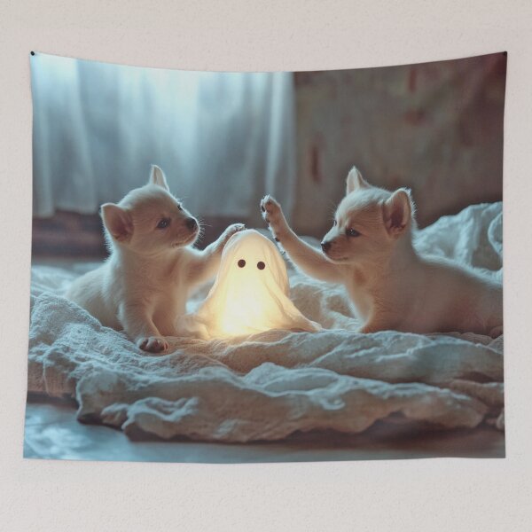 Aperçu de l'œuvre Chiots mignons jouant avec un fantôme lumineux créée et vendue par noisyduck.