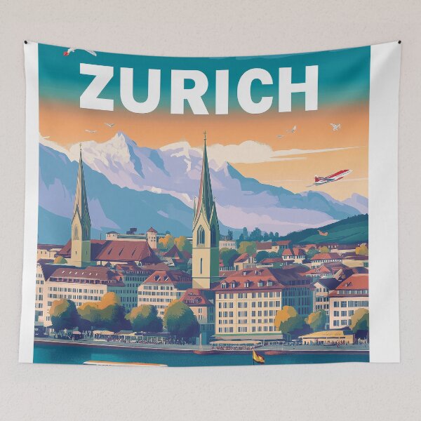 Item preview, Vintage Zurich City Skyline Art Print | Retro Swiss Travel Poster | Iconic Lake Zurich & Grossmünster Wall Decor | Zurich City Artwork | Mid-Century Modern Design designed and sold by nomiraclehere.