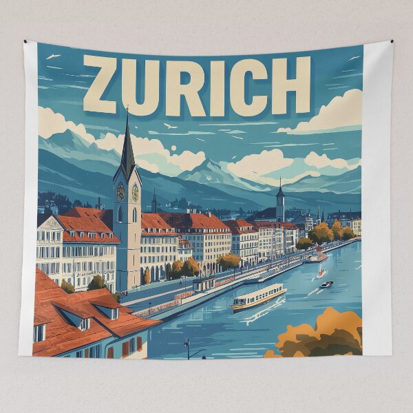 Item preview, Vintage Zurich City Skyline Art Print | Retro Swiss Travel Poster | Iconic Lake Zurich & Grossmünster Wall Decor | Zurich City Artwork | Mid-Century Modern Design designed and sold by nomiraclehere.