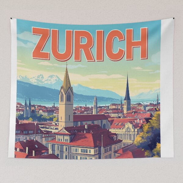 Item preview, Vintage Zurich City Skyline Art Print | Retro Swiss Travel Poster | Iconic Lake Zurich & Grossmünster Wall Decor | Zurich City Artwork | Mid-Century Modern Design designed and sold by nomiraclehere.