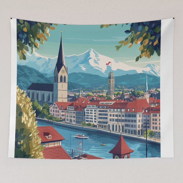 Item preview, Vintage Zurich City Skyline Art Print | Retro Swiss Travel Poster | Iconic Lake Zurich & Grossmünster Wall Decor | Zurich City Artwork | Mid-Century Modern Design designed and sold by nomiraclehere.